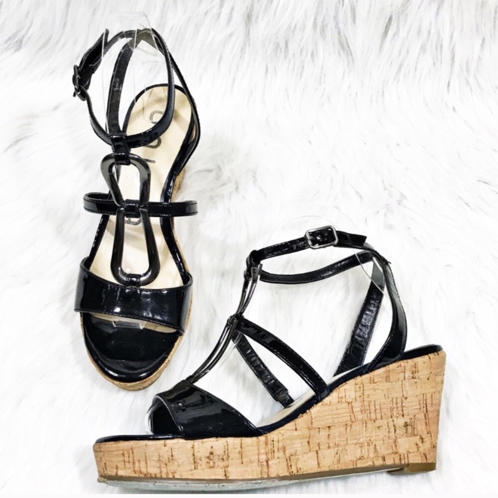 UNISA Black Patent Ankle Wrap Cork Sole Wedges